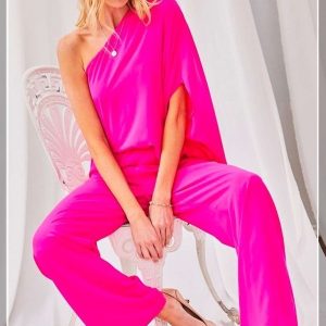 One Shoulder 3/4 Sleeve Unbalanced Waist Elastic Solid Pants Jumpsuit