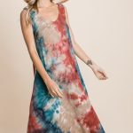 Tie Dye Ribbed Brush Sleeveless Flowy Asymmetrical Hem Midi Dress