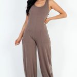 Casual Solid French Terry Sleeveless Scoop Neck Front Pocket Jumpsuit