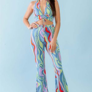 Multicolor Abstract Print Halter V-Neck Ruched Open Back Crop Top & High Waist Pants Set