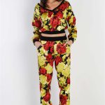 Black & Satin Effect Red & Lime Floral Print V-Neck Top & Pants Set