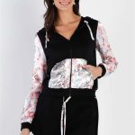 Black & Multi Color Print Colorblock Zip-Up Hooded Top & Short Set