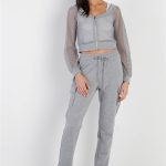 Heather Grey Contrast Fishnet Zip-Up Top & Pants Set