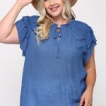 Triple Ruffle Sleeve V-Neck Top With Front Tie