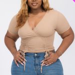 Plus Ribbed Ruched Drawstring Surplice Top- Id.Cc56586e