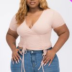 Plus Ribbed Ruched Drawstring Surplice Top- Id.Cc56586b