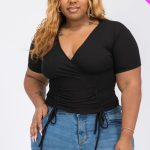 Plus Ribbed Ruched Drawstring Surplice Top- Id.Cc56586a