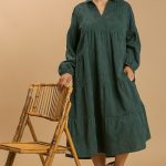 Textured Long Sleeve Collar Split Neck Tiered Maxi Dress