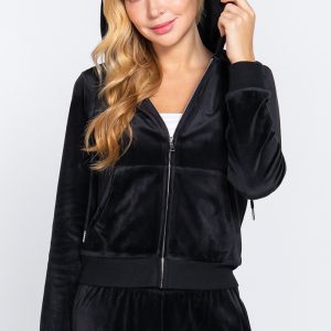 Long Sleeve Velour Hoodie Zip Up Jacket