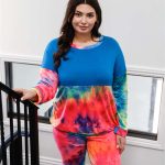 Plus Blue Neon Rainbow Tie-Dye Colorblock Long Sleeve Top & Biker Shorts Set