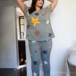 Plus Sage Star Print Flannel Loose T-Shirt & Sweatpants Set