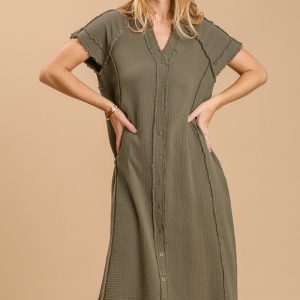 Split Neck Button Down Midi Dress With No Lining