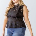Plus Lace Mesh Ruffle Detail Sleeveless Flare Hem Top
