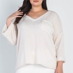 Plus Cream Knit V-Neck Pocket Front Top